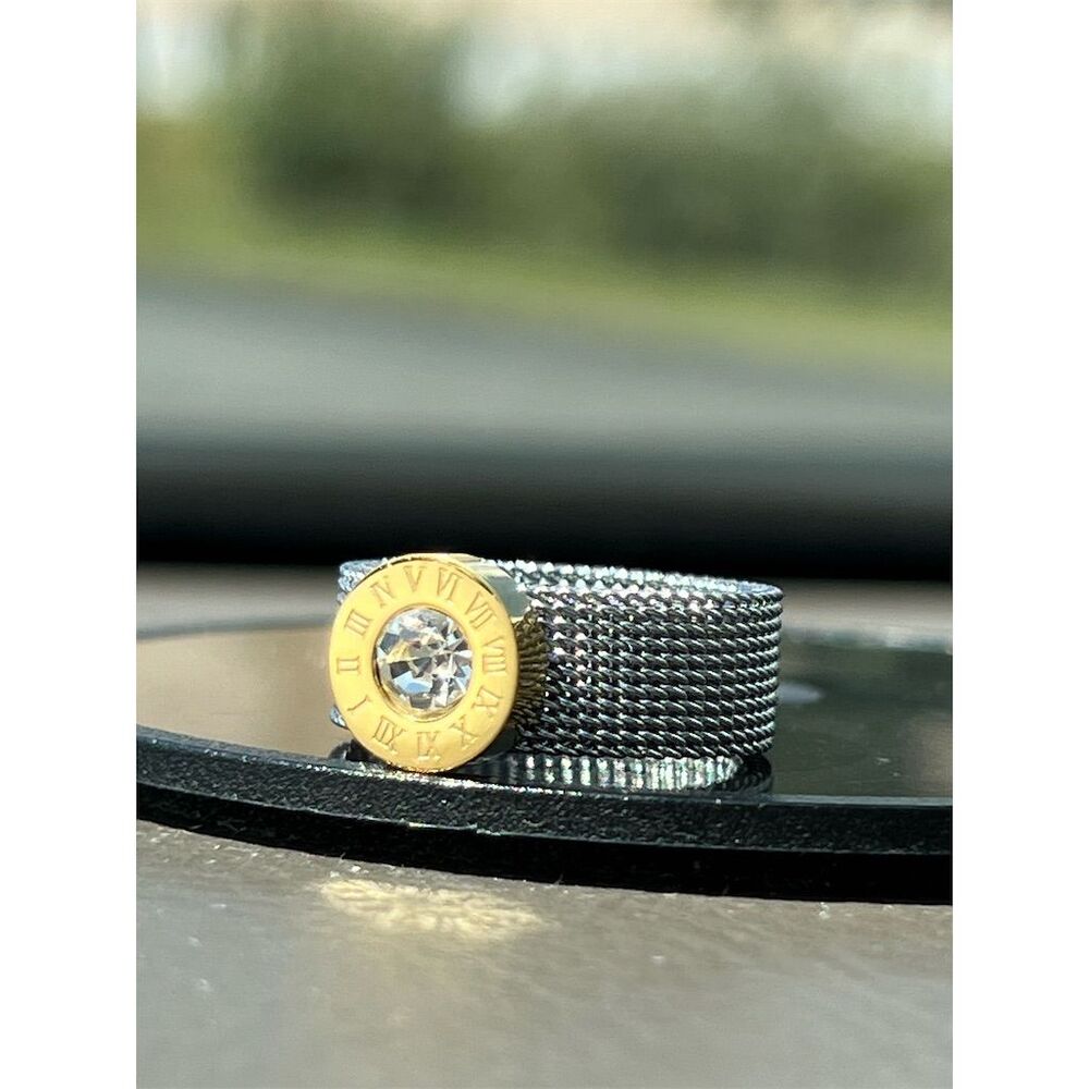 Gold Stainless Steel Mesh Ring w/ Crystal & Roman Numerals